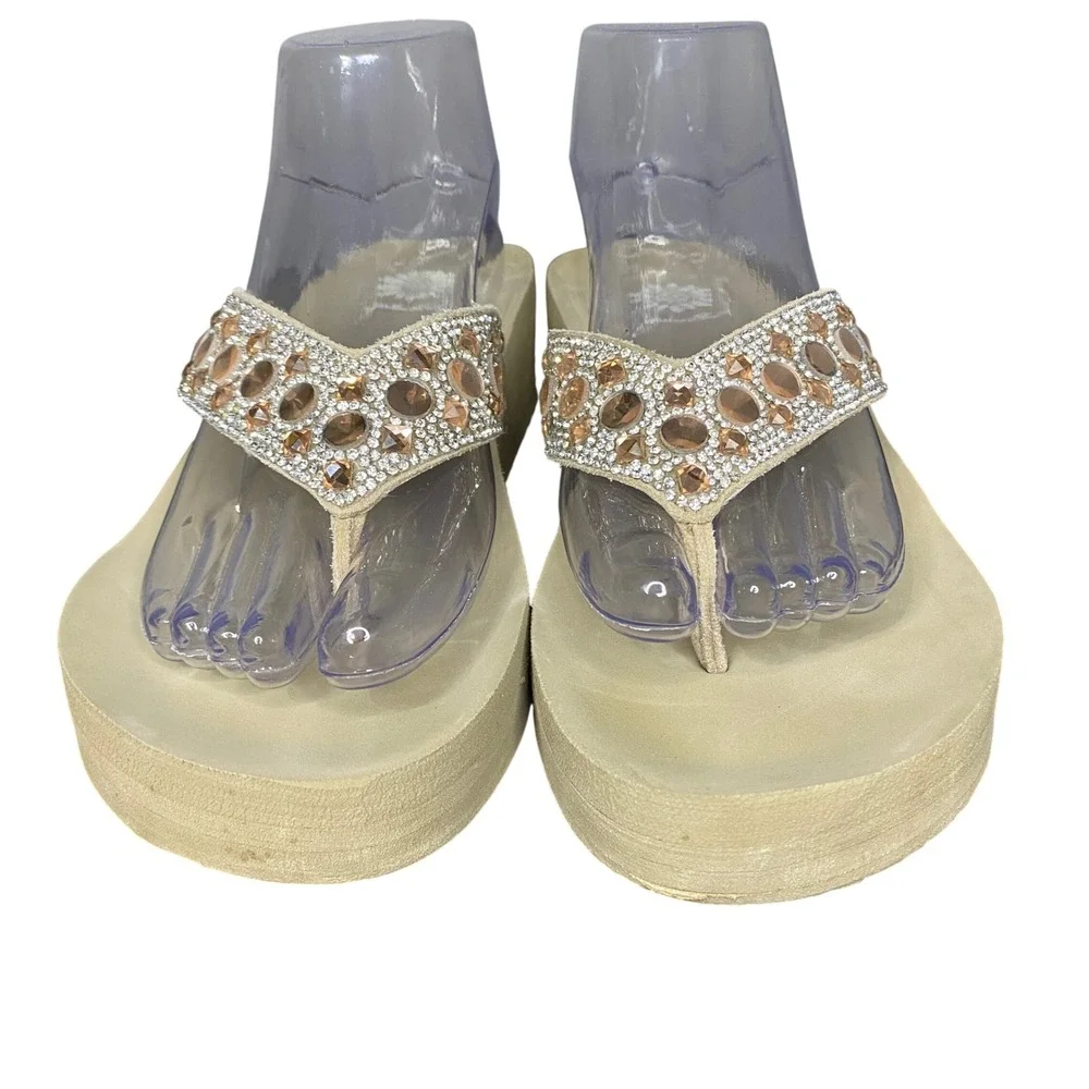 Yellow Box Tan Rhinestone Gem Embellished Wedge Platform Flip Flops Women Size 9 - Picture 6 of 12